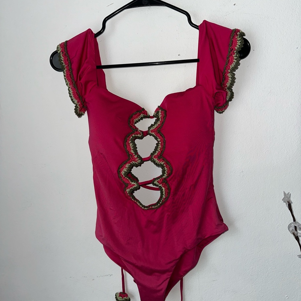 BECCA Magenta One-Piece Swimsuit with Gorgeous Detail Trim *Reposing Side M